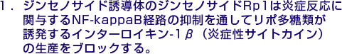 1.ジンセノサイド誘導体のジンセノサイドRp1は炎症反応に関与するNF-kappaB経路の抑制を通してリポ多糖類が誘発するインターロイキン-1β（炎症性サイトカイン）の生産をブロックする。